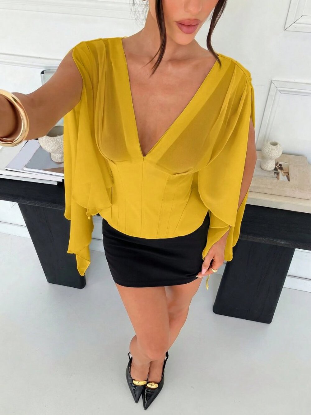 Yellow Casual Women's Elegant Wedding Bustier Shrug Shirt - Picture 8 of 9